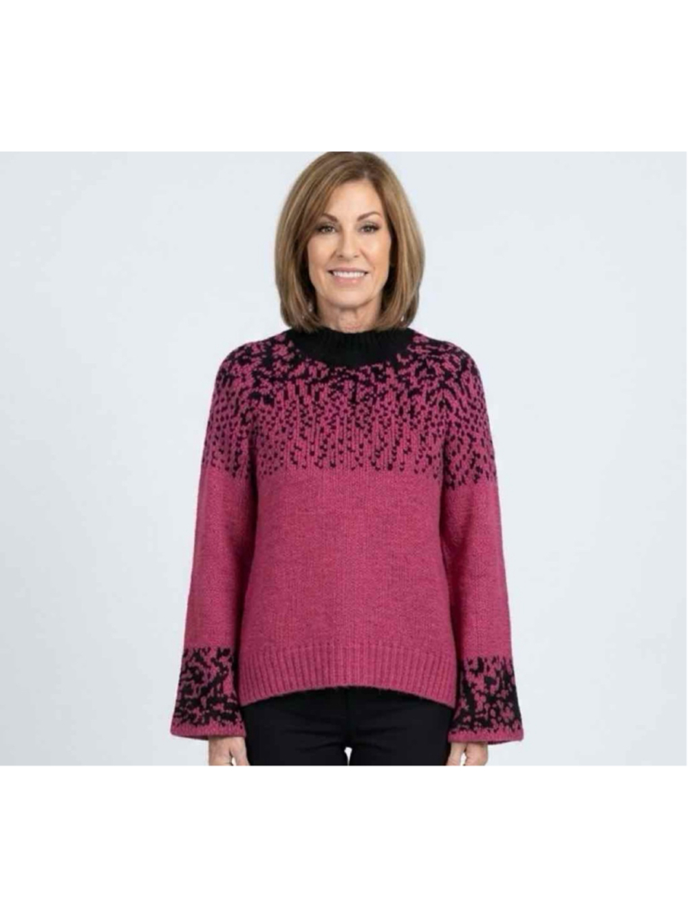B-YU Italy Pink Black Patterned Knit Merino Wool-Blend Sweater Size L